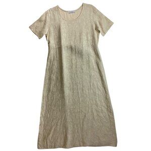 The White House Linen Short Sleeve Floral Textured Midi Dress Tie Back Beige Med